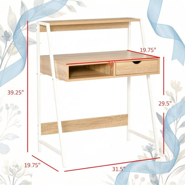 English Elm Modern-style Writing Desk with Steel Frame Drawer and Shelf for Home Office Use T3971P528104