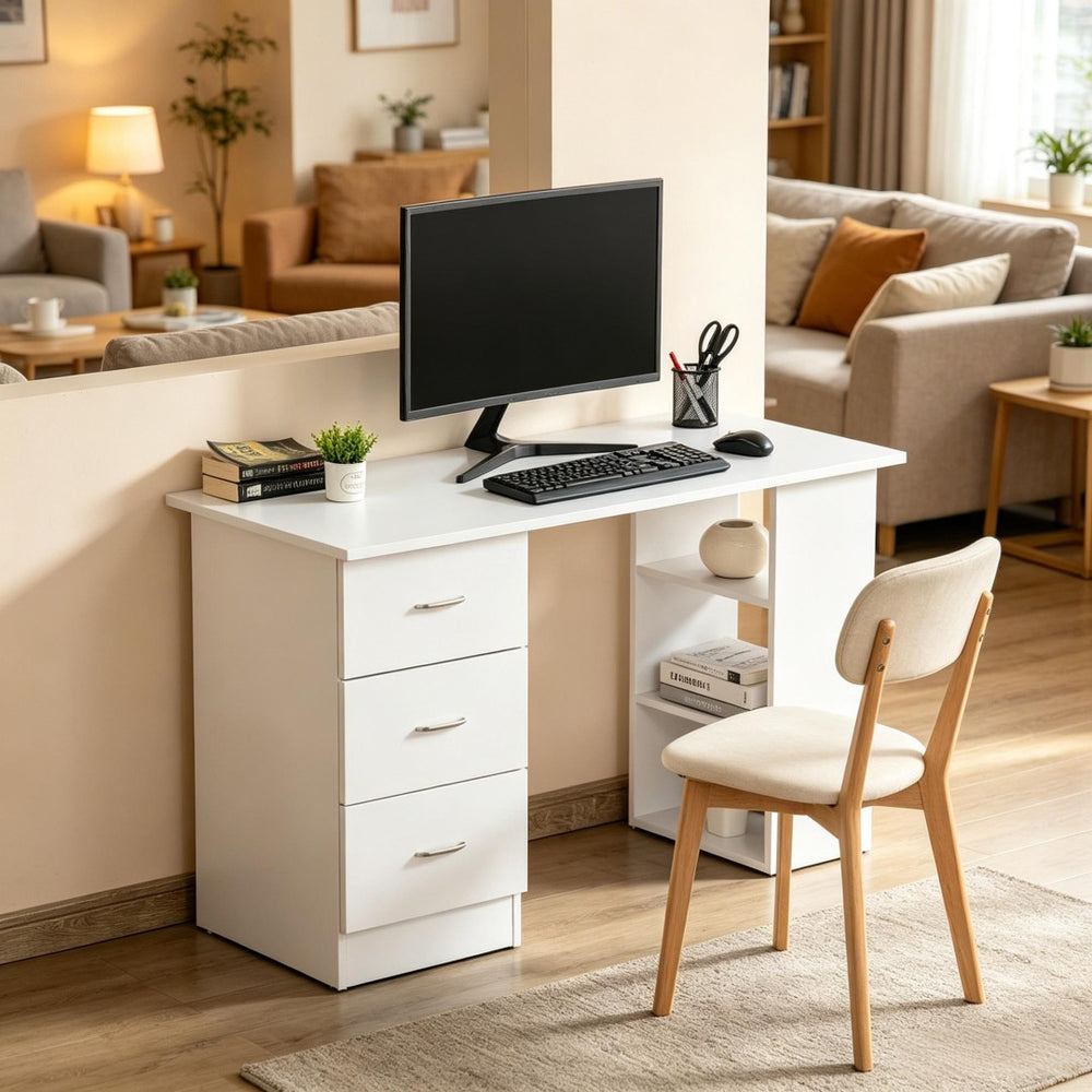 English Elm Minimalist White Mdf Writing Desk with Drawers and Shelves for Small Home Offices T3971P528186