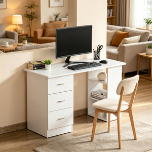 English Elm Minimalist White Mdf Writing Desk with Drawers and Shelves for Small Home Offices T3971P528186