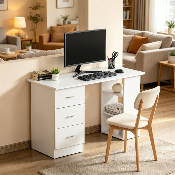 English Elm Minimalist White Mdf Writing Desk with Drawers and Shelves for Small Home Offices T3971P528186