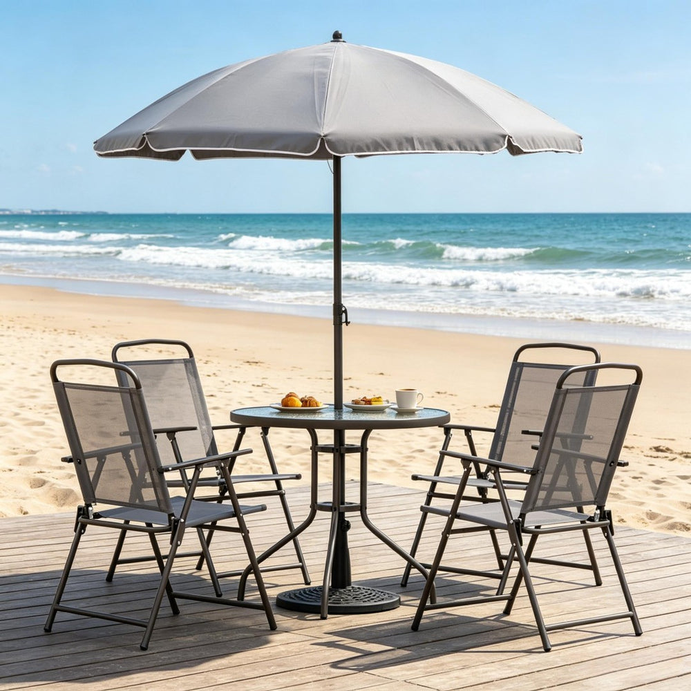English Elm Outdoor 6 Piece Patio Dining Set with Tempered Glass Table and Folding Mesh Chairs T3971P528214