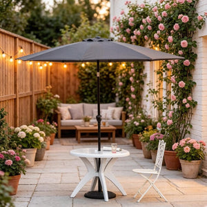 English Elm Round Polypropylene Outdoor Bistro Table with Umbrella Hole for Patio Dining T3971P528259
