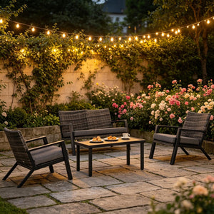 English Elm Outdoor Pe Wicker Patio Set Four Piece Steel Frame with Cushions Garden Lounge T3971P528356