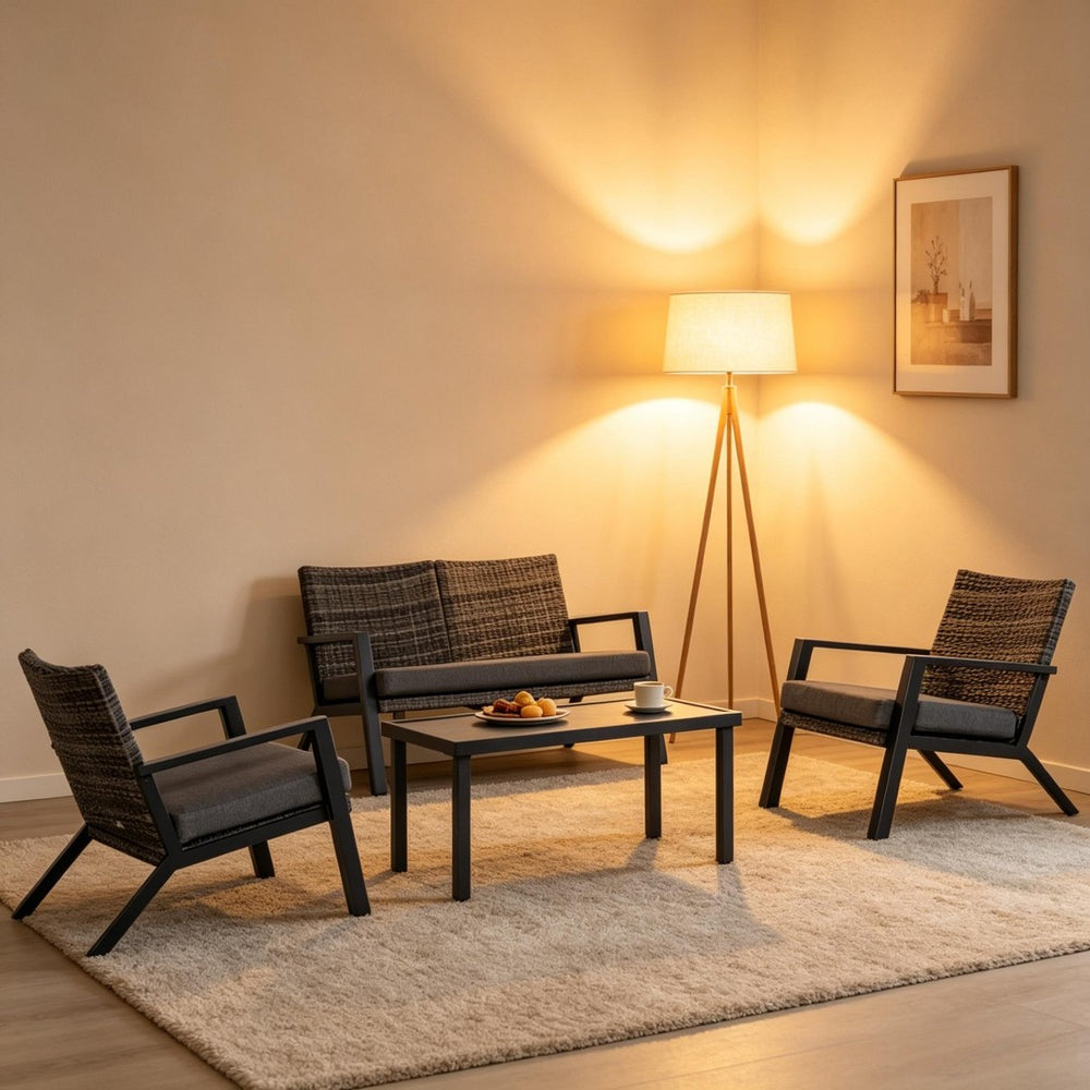 English Elm Outdoor Pe Wicker Patio Set Four Piece Steel Frame with Cushions Garden Lounge T3971P528356