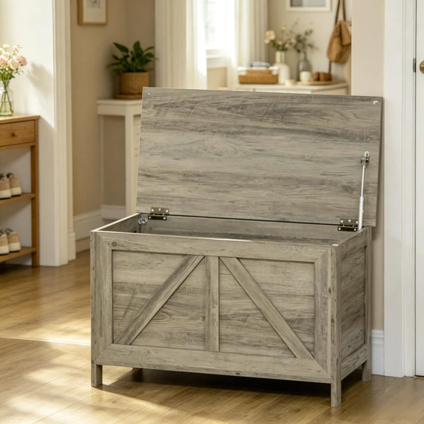English Elm Living Room Farmhouse Flip-top Storage Bench with Wood Grain Finish for Entryway or Bedroom T3971P528383