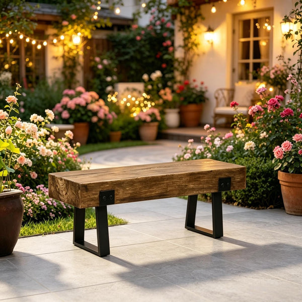English Elm Lawn Bench Concrete Wood Grain Seat with Black Sled Base for Garden or Patio T3971P528484