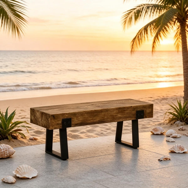 English Elm Lawn Bench Concrete Wood Grain Seat with Black Sled Base for Garden or Patio T3971P528484