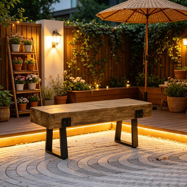 English Elm Lawn Bench Concrete Wood Grain Seat with Black Sled Base for Garden or Patio T3971P528484