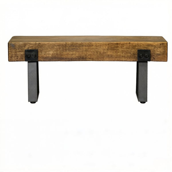 English Elm Lawn Bench Concrete Wood Grain Seat with Black Sled Base for Garden or Patio T3971P528484