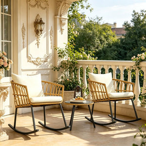 English Elm Outdoor Wicker Rocking Chair Set 3 Piece Pe Weave Porch Bistro with Glass Table T3971P529954