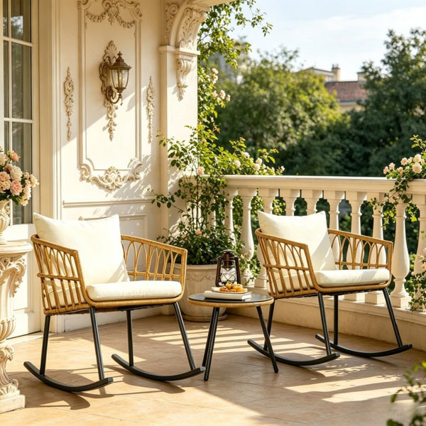 English Elm Outdoor Wicker Rocking Chair Set 3 Piece Pe Weave Porch Bistro with Glass Table T3971P529954