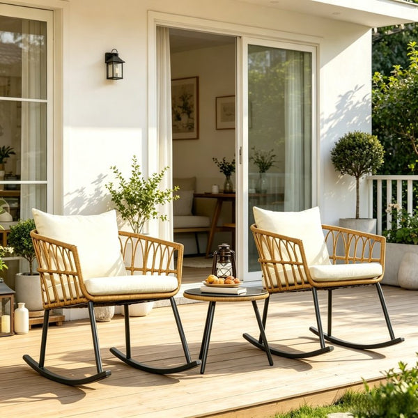 English Elm Outdoor Wicker Rocking Chair Set 3 Piece Pe Weave Porch Bistro with Glass Table T3971P529954