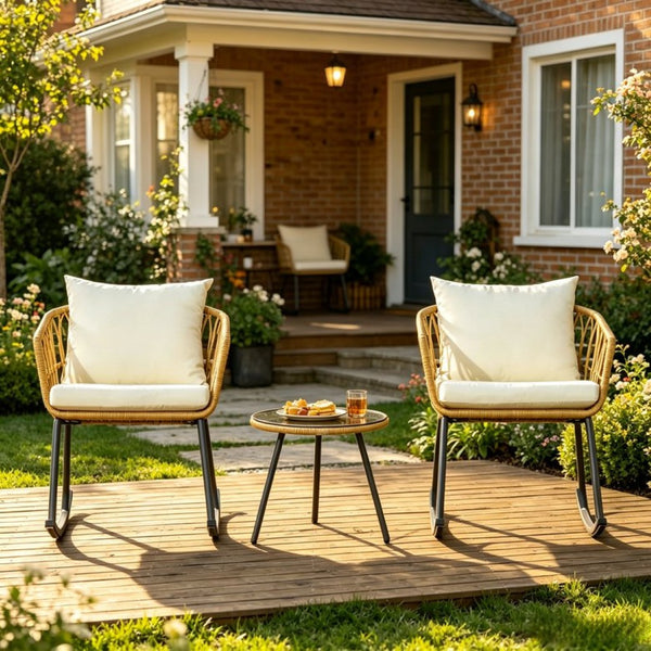 English Elm Outdoor Wicker Rocking Chair Set 3 Piece Pe Weave Porch Bistro with Glass Table T3971P529954