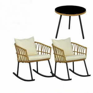 English Elm Outdoor Wicker Rocking Chair Set 3 Piece Pe Weave Porch Bistro with Glass Table T3971P529954