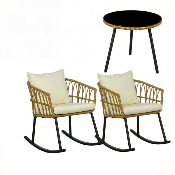 English Elm Outdoor Wicker Rocking Chair Set 3 Piece Pe Weave Porch Bistro with Glass Table T3971P529954