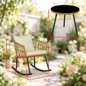 English Elm Outdoor Wicker Rocking Chair Set 3 Piece Pe Weave Porch Bistro with Glass Table T3971P529954