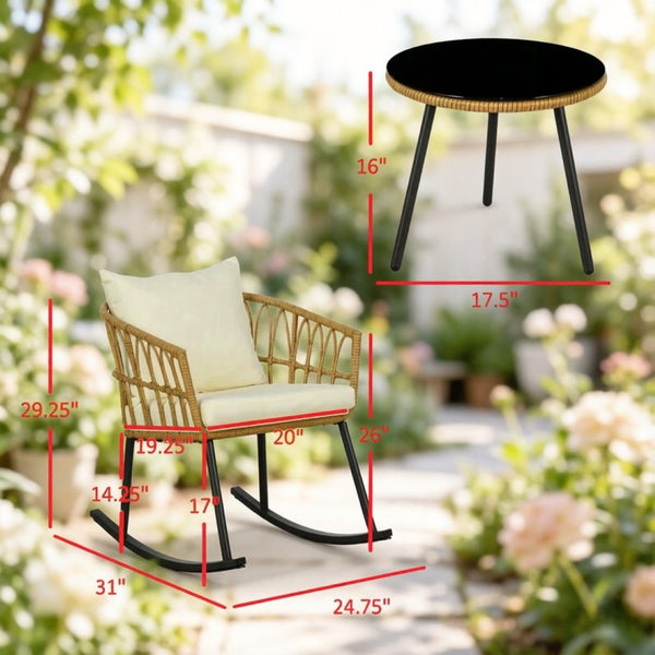 English Elm Outdoor Wicker Rocking Chair Set 3 Piece Pe Weave Porch Bistro with Glass Table T3971P529954