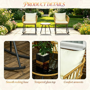 English Elm Outdoor Wicker Rocking Chair Set 3 Piece Pe Weave Porch Bistro with Glass Table T3971P529954