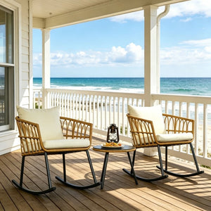 English Elm Outdoor Wicker Rocking Chair Set 3 Piece Pe Weave Porch Bistro with Glass Table T3971P529954