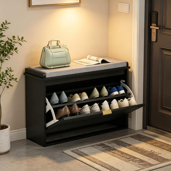 English Elm Elegant Entryway Shoe Storage Bench with Flip Top Beadboard Front and Cushioned Seat T3971P530658