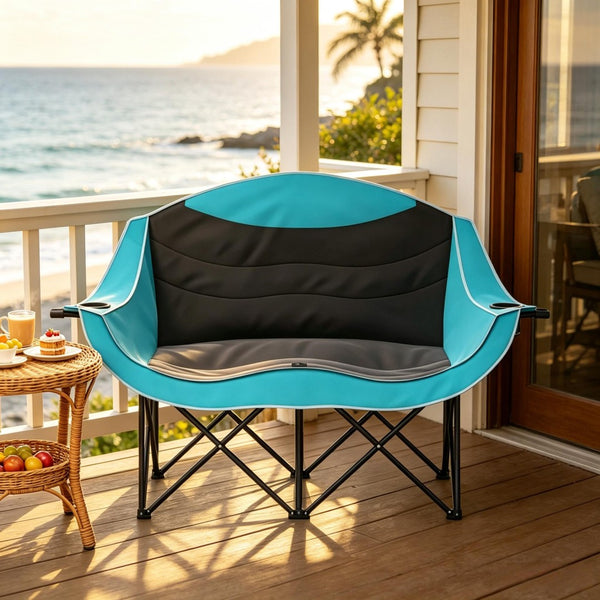 English Elm Foldable Outdoor Loveseat Chair Dual Padded Seats Oxford Fabric with Cup Holders T3971P530679
