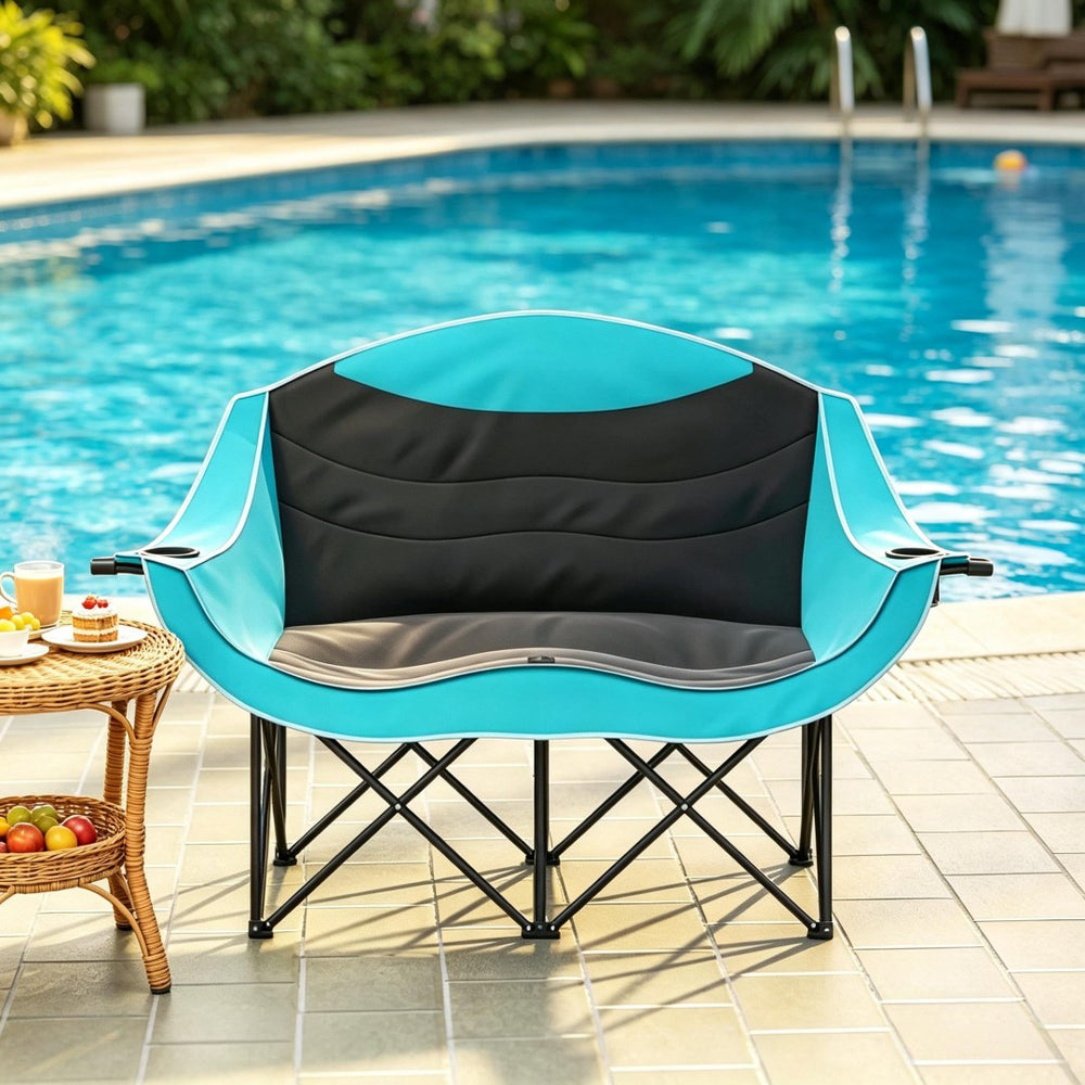 English Elm Foldable Outdoor Loveseat Chair Dual Padded Seats Oxford Fabric with Cup Holders T3971P530679