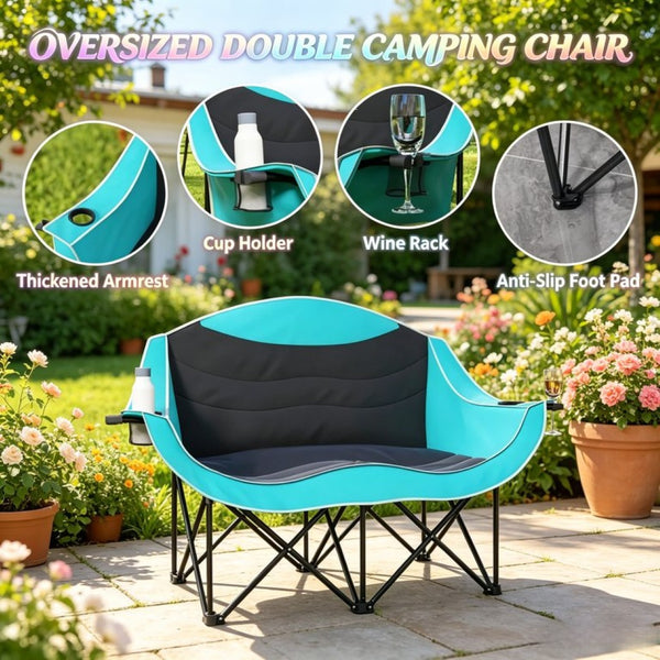 English Elm Foldable Outdoor Loveseat Chair Dual Padded Seats Oxford Fabric with Cup Holders T3971P530679