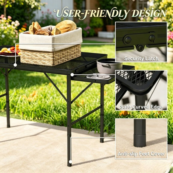 English Elm Portable Aluminum Folding Camp Table with Side Wings for Outdoor Grilling Picnics T3971P530690
