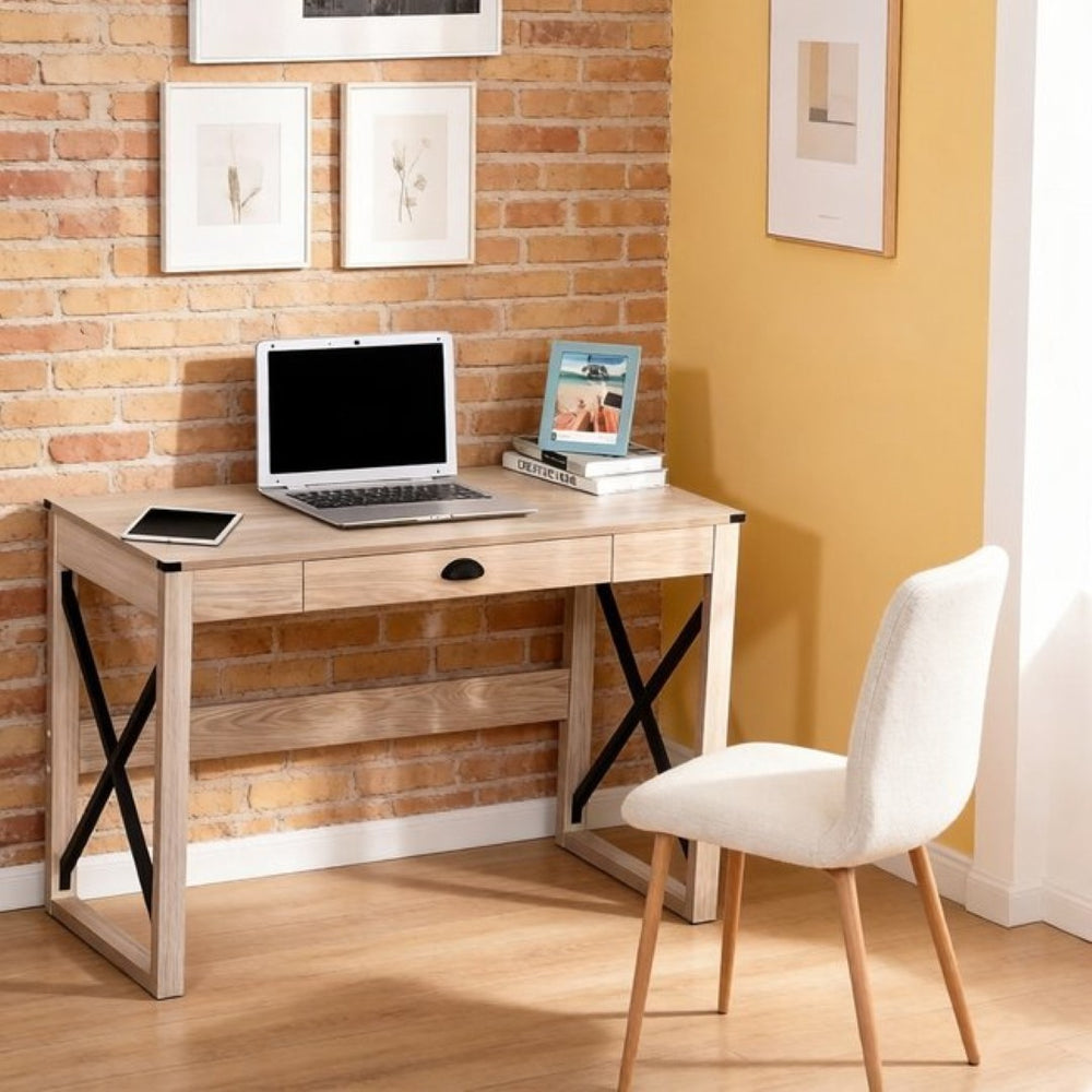English Elm Simple X-frame Writing Desk with Steel Base and Drawer for Home Office or Bedroom T3971P532254