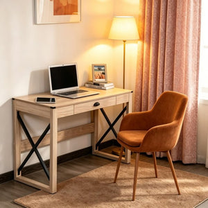 English Elm Simple X-frame Writing Desk with Steel Base and Drawer for Home Office or Bedroom T3971P532254