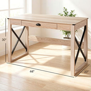 English Elm Simple X-frame Writing Desk with Steel Base and Drawer for Home Office or Bedroom T3971P532254
