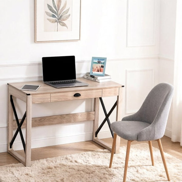 English Elm Simple X-frame Writing Desk with Steel Base and Drawer for Home Office or Bedroom T3971P532254