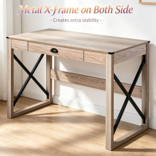 English Elm Simple X-frame Writing Desk with Steel Base and Drawer for Home Office or Bedroom T3971P532254