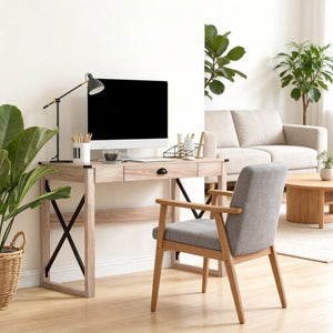 English Elm Simple X-frame Writing Desk with Steel Base and Drawer for Home Office or Bedroom T3971P532254