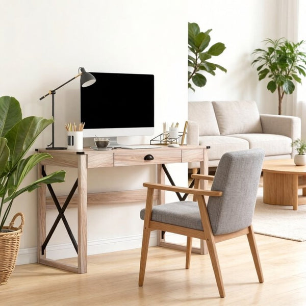 English Elm Simple X-frame Writing Desk with Steel Base and Drawer for Home Office or Bedroom T3971P532254
