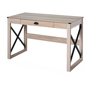English Elm Simple X-frame Writing Desk with Steel Base and Drawer for Home Office or Bedroom T3971P532254
