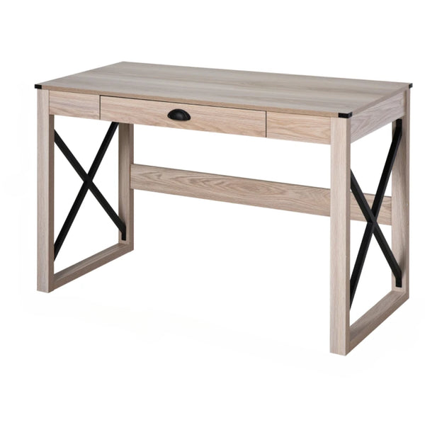English Elm Simple X-frame Writing Desk with Steel Base and Drawer for Home Office or Bedroom T3971P532254