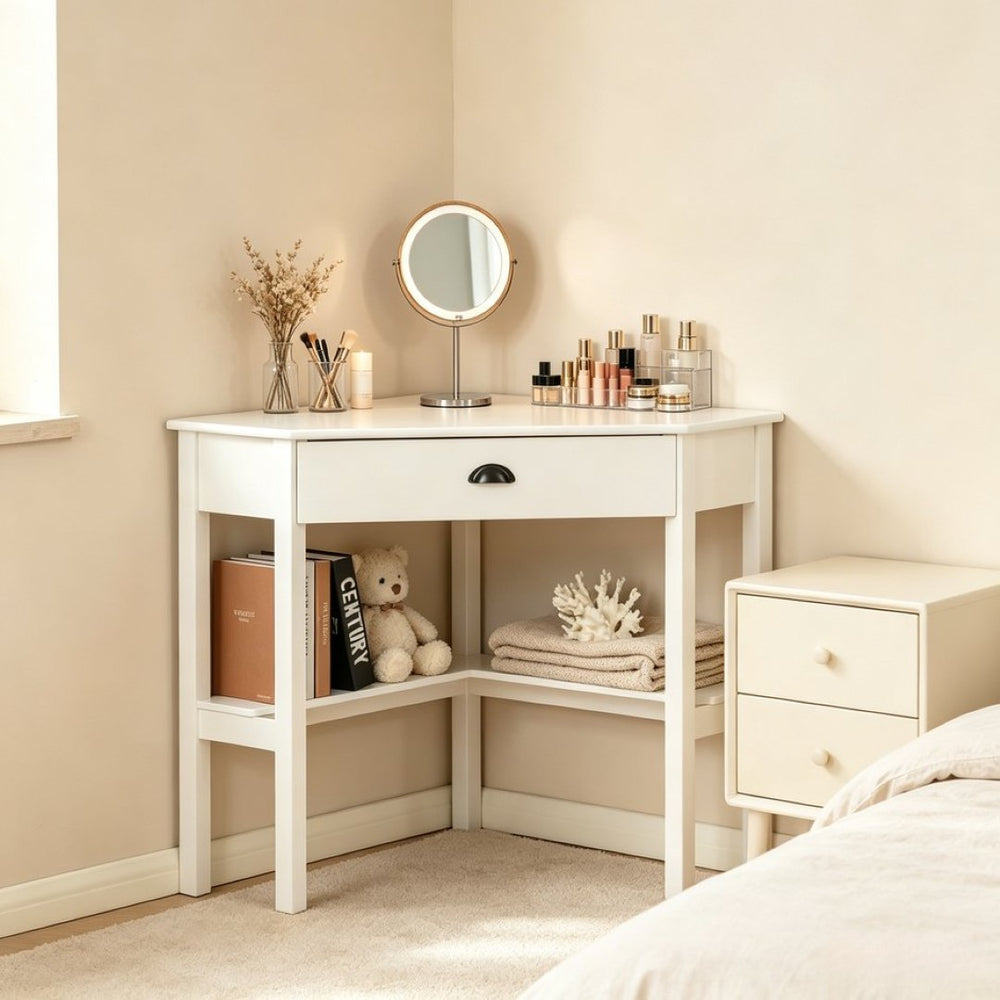 English Elm Triangle Corner Desk White Mdf Vanity Station with Drawer and Open Shelves T3971P532280