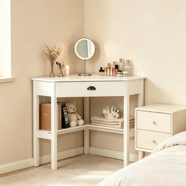 English Elm Triangle Corner Desk White Mdf Vanity Station with Drawer and Open Shelves T3971P532280