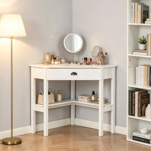 English Elm Triangle Corner Desk White Mdf Vanity Station with Drawer and Open Shelves T3971P532280