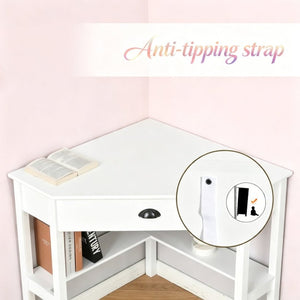English Elm Triangle Corner Desk White Mdf Vanity Station with Drawer and Open Shelves T3971P532280