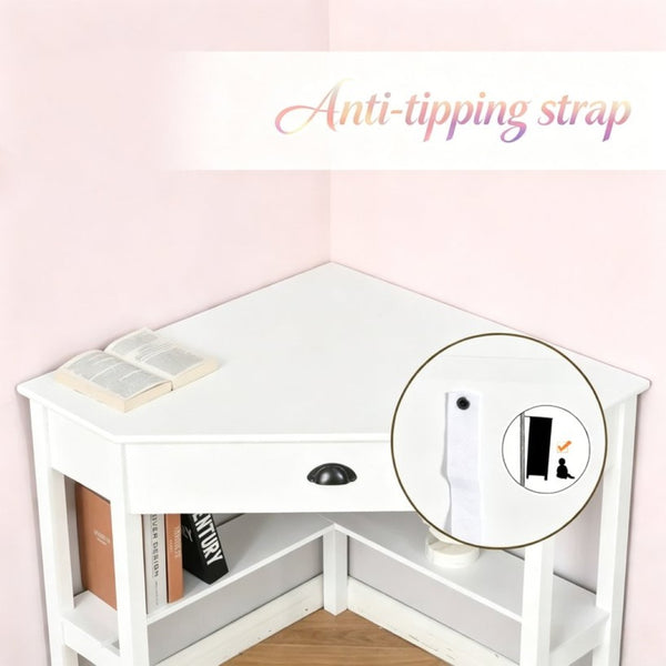 English Elm Triangle Corner Desk White Mdf Vanity Station with Drawer and Open Shelves T3971P532280