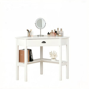 English Elm Triangle Corner Desk White Mdf Vanity Station with Drawer and Open Shelves T3971P532280