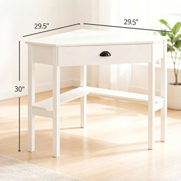 English Elm Triangle Corner Desk White Mdf Vanity Station with Drawer and Open Shelves T3971P532280