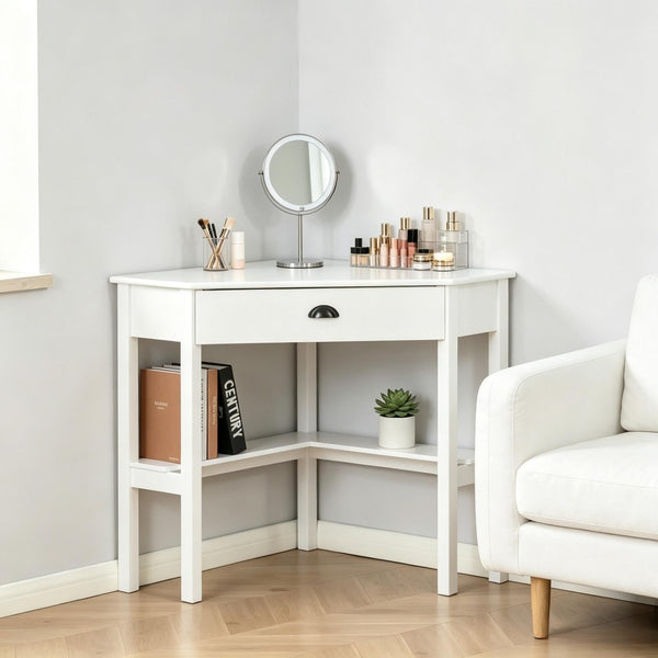 English Elm Triangle Corner Desk White Mdf Vanity Station with Drawer and Open Shelves T3971P532280