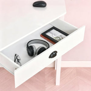 English Elm Triangle Corner Desk White Mdf Vanity Station with Drawer and Open Shelves T3971P532280