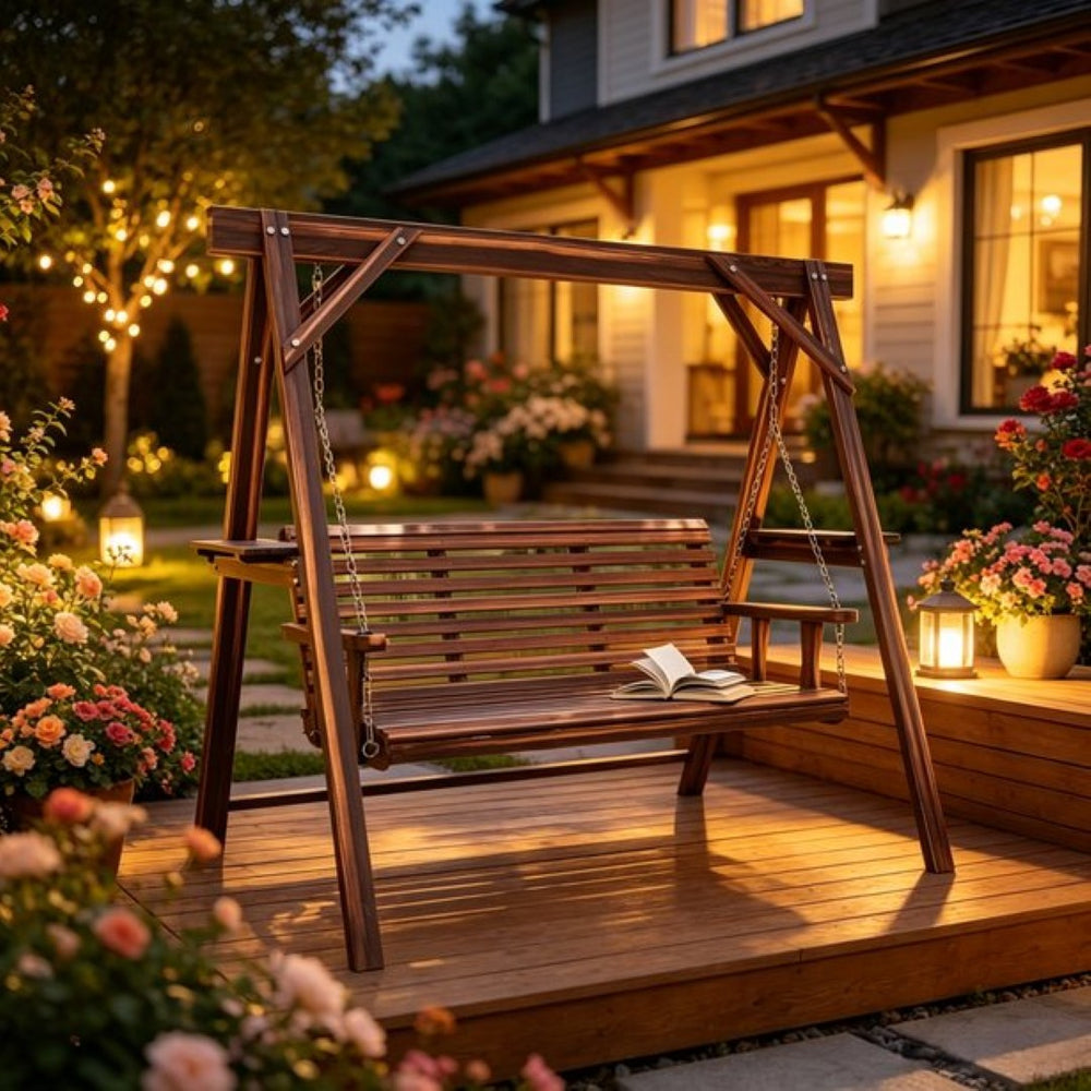 English Elm Poolside A-frame Porch Swing Solid Fir Wood Built-in Side Tables Outdoor Seating T3971P532283