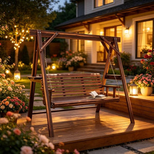 English Elm Poolside A-frame Porch Swing Solid Fir Wood Built-in Side Tables Outdoor Seating T3971P532283