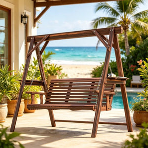 English Elm Poolside A-frame Porch Swing Solid Fir Wood Built-in Side Tables Outdoor Seating T3971P532283