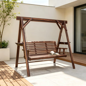 English Elm Poolside A-frame Porch Swing Solid Fir Wood Built-in Side Tables Outdoor Seating T3971P532283